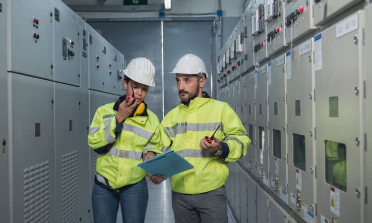 electrician working in a factory. electrician at work. electrician working in a power station. engineer working on the checking status switchgear electrical energy distribution substation.